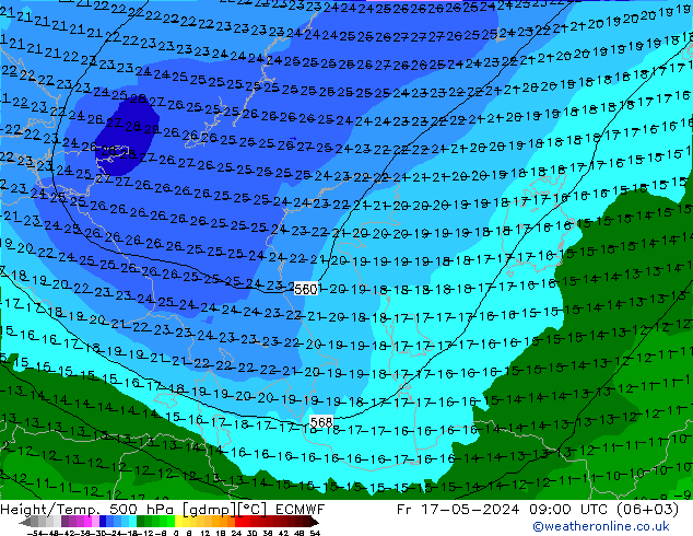 Hoogte/Temp. 500 hPa ECMWF vr 17.05.2024 09 UTC