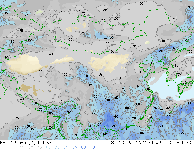 RH 850 hPa ECMWF 星期六 18.05.2024 06 UTC