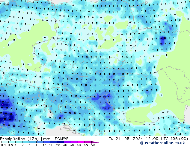 Totale neerslag (12h) ECMWF di 21.05.2024 00 UTC