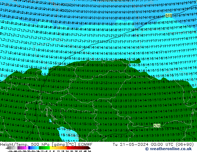 Height/Temp. 500 hPa ECMWF Tu 21.05.2024 00 UTC