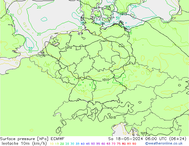 Isotachen (km/h) ECMWF Sa 18.05.2024 06 UTC