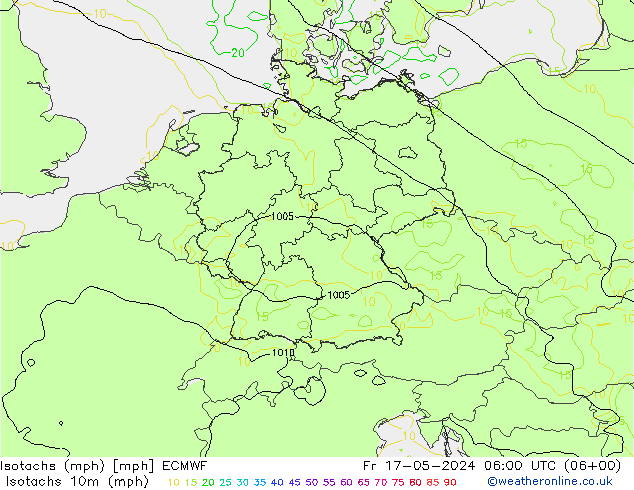 Isotachs (mph) ECMWF 星期五 17.05.2024 06 UTC