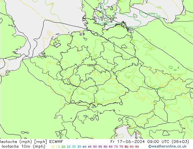 Isotachs (mph) ECMWF 星期五 17.05.2024 09 UTC