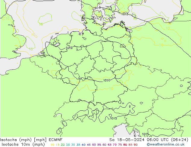 Isotachs (mph) ECMWF сб 18.05.2024 06 UTC