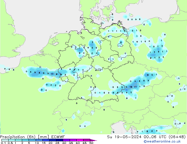 Precipitation (6h) ECMWF Su 19.05.2024 06 UTC