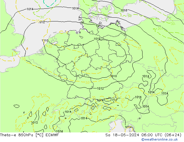 Theta-e 850hPa ECMWF sam 18.05.2024 06 UTC