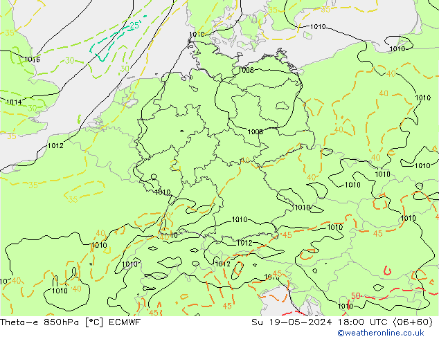 Theta-e 850hPa ECMWF Su 19.05.2024 18 UTC