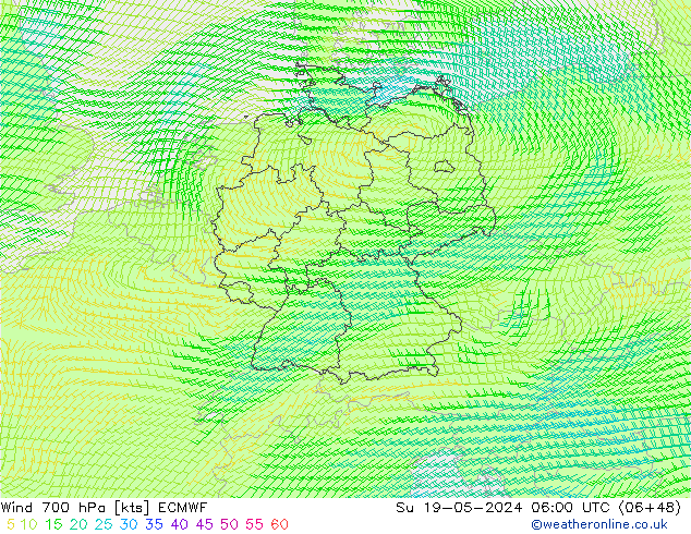 Wind 700 hPa ECMWF Su 19.05.2024 06 UTC