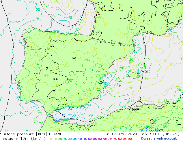Isotachs (kph) ECMWF Fr 17.05.2024 15 UTC