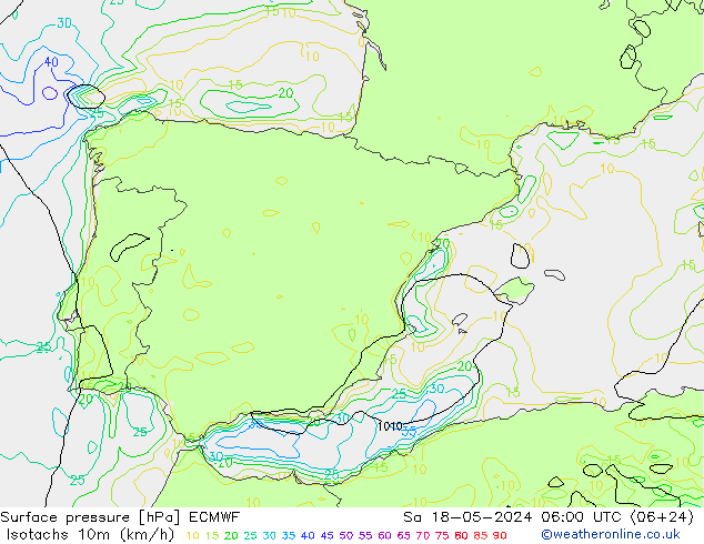 Isotachs (kph) ECMWF Sa 18.05.2024 06 UTC