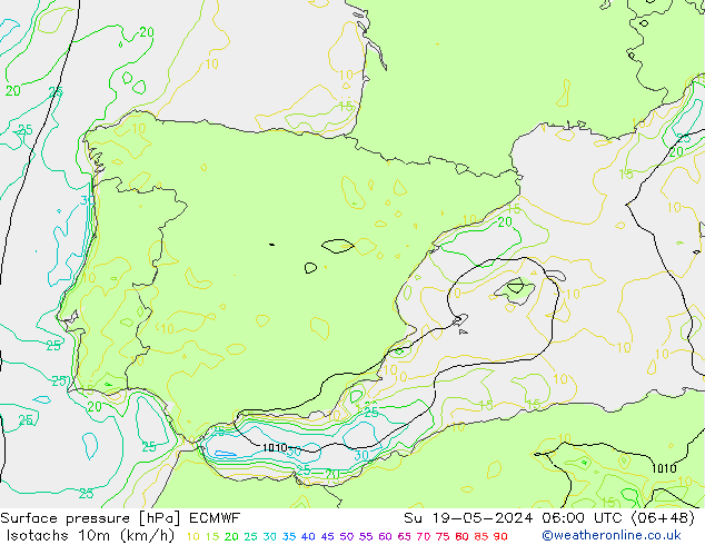 Isotachs (kph) ECMWF Su 19.05.2024 06 UTC