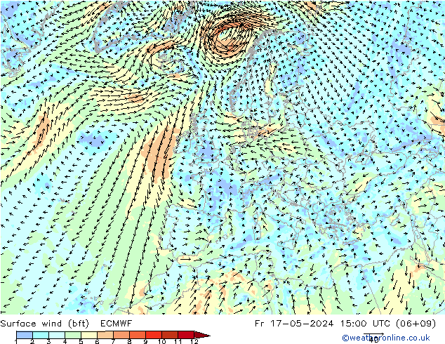 Surface wind (bft) ECMWF Fr 17.05.2024 15 UTC