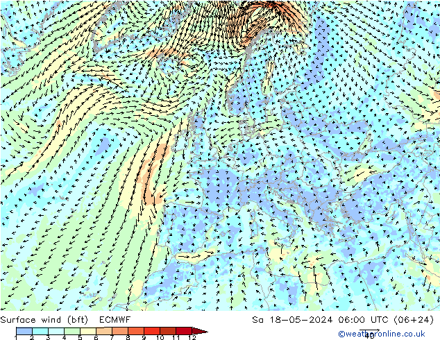 wiatr 10 m (bft) ECMWF so. 18.05.2024 06 UTC