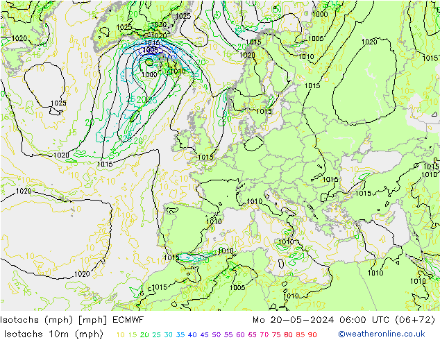 Isotachs (mph) ECMWF пн 20.05.2024 06 UTC