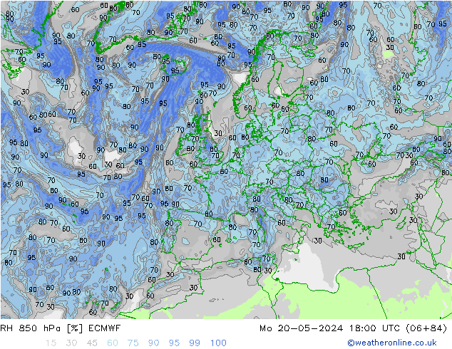 RH 850 hPa ECMWF lun 20.05.2024 18 UTC