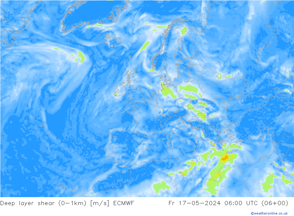 Deep layer shear (0-1km) ECMWF ven 17.05.2024 06 UTC