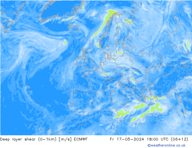 Deep layer shear (0-1km) ECMWF Cu 17.05.2024 18 UTC