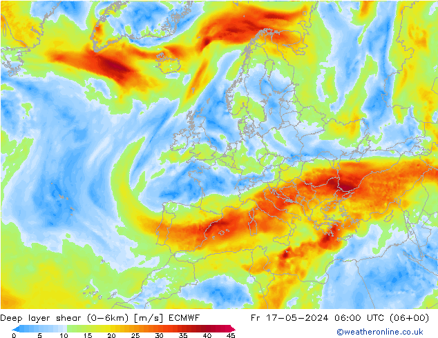 Deep layer shear (0-6km) ECMWF Cu 17.05.2024 06 UTC