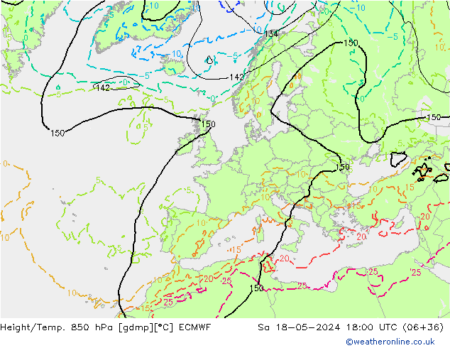 Height/Temp. 850 hPa ECMWF sab 18.05.2024 18 UTC