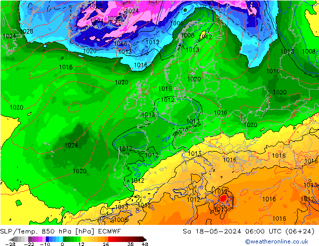 SLP/Temp. 850 hPa ECMWF sab 18.05.2024 06 UTC