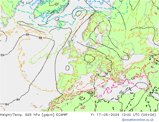 Height/Temp. 925 hPa ECMWF Fr 17.05.2024 12 UTC