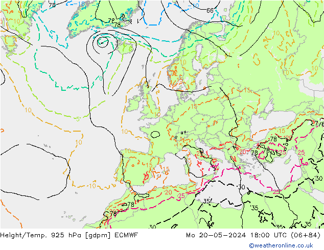 Yükseklik/Sıc. 925 hPa ECMWF Pzt 20.05.2024 18 UTC