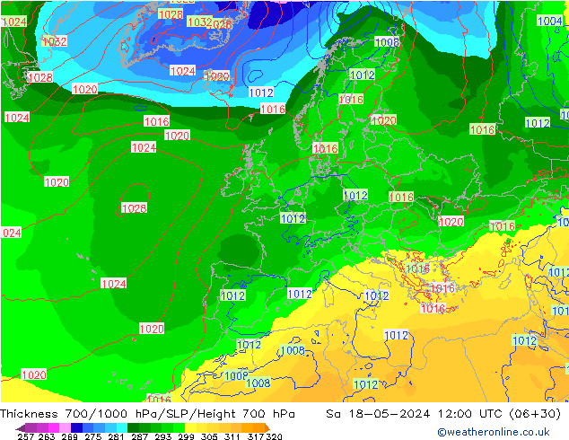 Schichtdicke 700-1000 hPa ECMWF Sa 18.05.2024 12 UTC