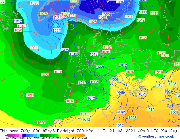 Thck 700-1000 hPa ECMWF Út 21.05.2024 00 UTC