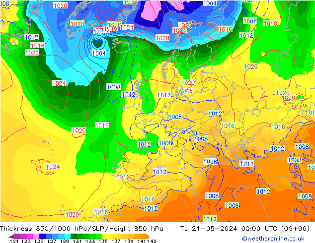 Thck 850-1000 hPa ECMWF Tu 21.05.2024 00 UTC