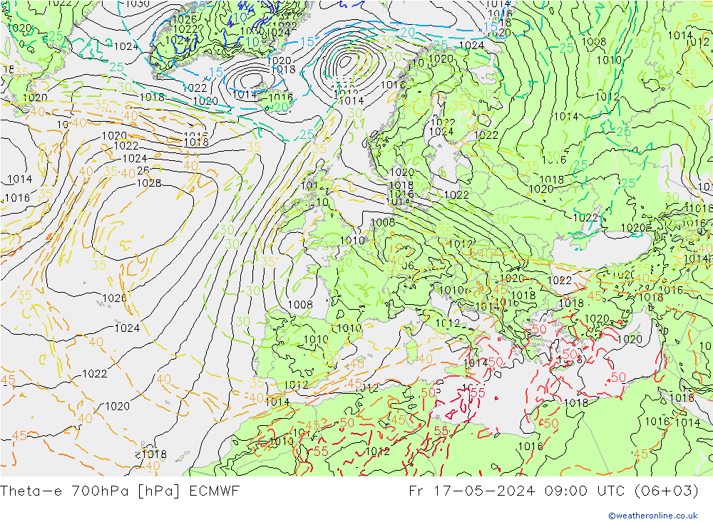 Theta-e 700hPa ECMWF Fr 17.05.2024 09 UTC