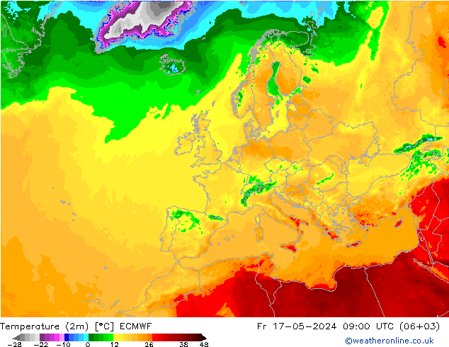 Temperature (2m) ECMWF Pá 17.05.2024 09 UTC
