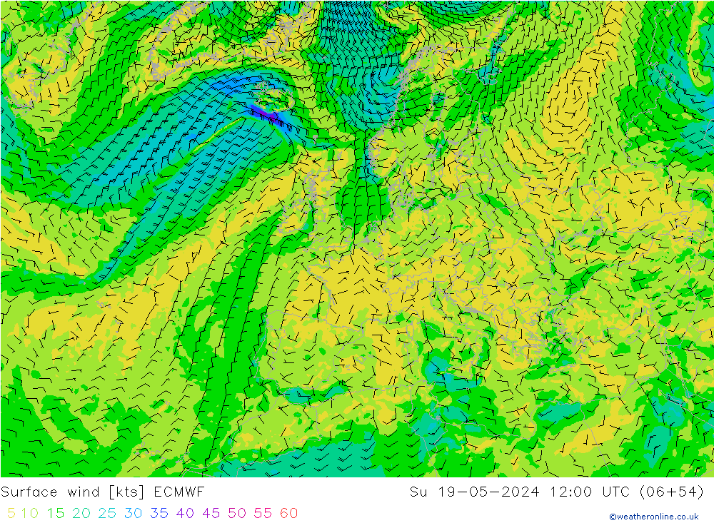 Rüzgar 10 m ECMWF Paz 19.05.2024 12 UTC