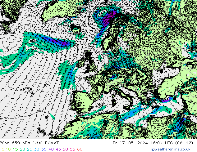 wiatr 850 hPa ECMWF pt. 17.05.2024 18 UTC