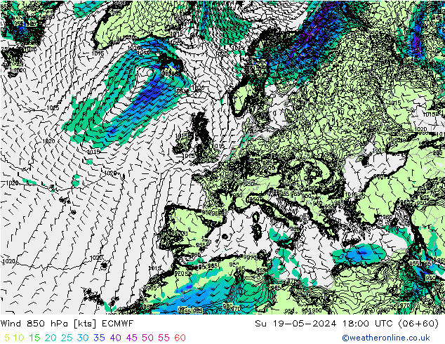 Wind 850 hPa ECMWF Su 19.05.2024 18 UTC