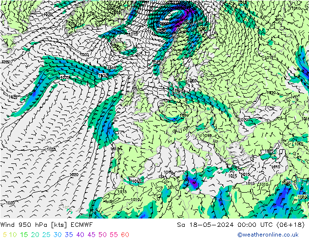 Wind 950 hPa ECMWF za 18.05.2024 00 UTC