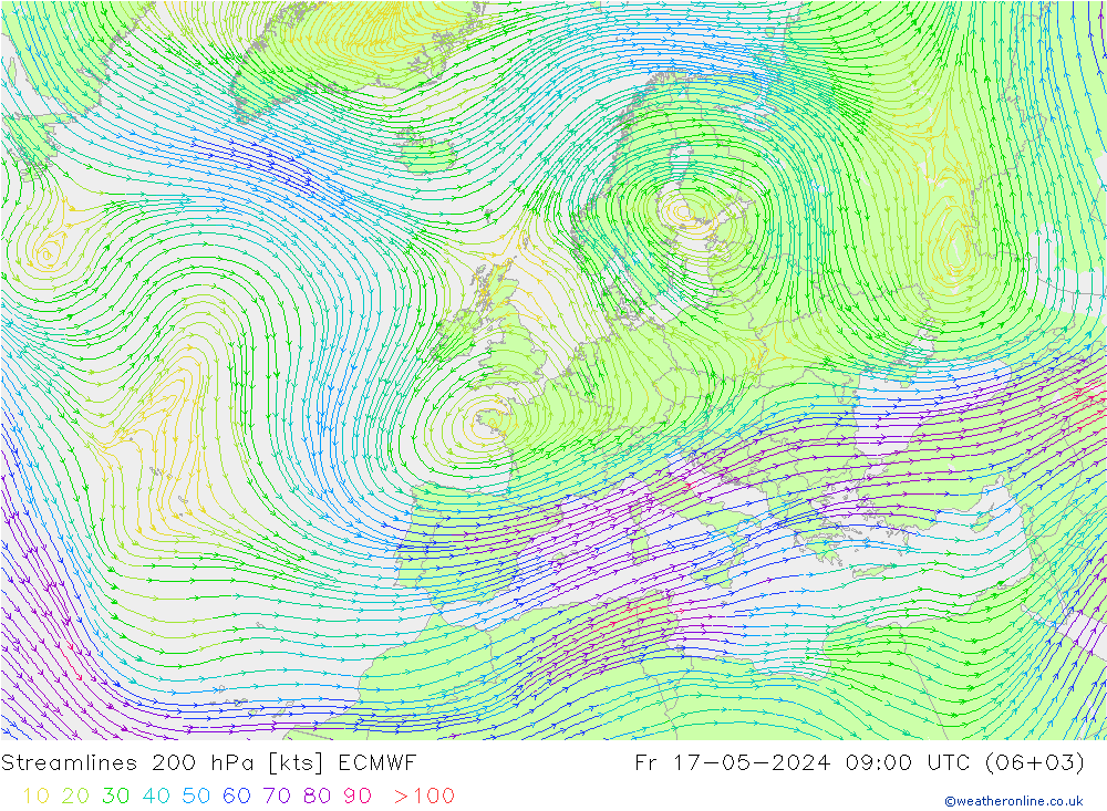Stromlinien 200 hPa ECMWF Fr 17.05.2024 09 UTC