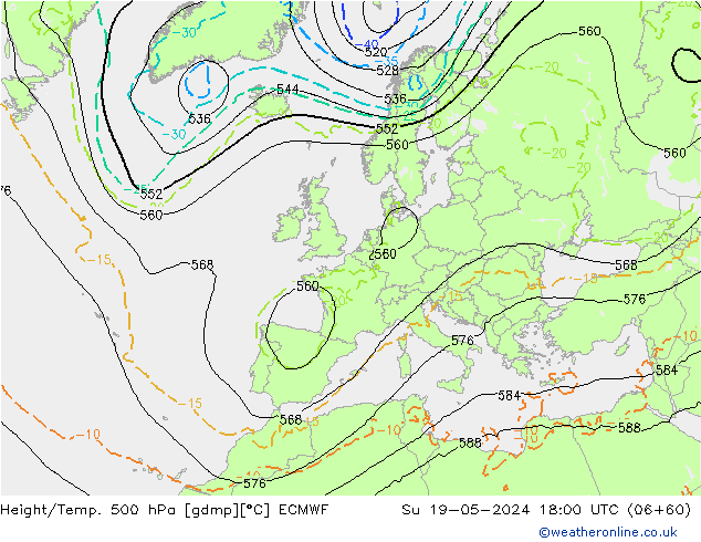 Z500/Rain (+SLP)/Z850 ECMWF Dom 19.05.2024 18 UTC
