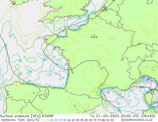 Isotachs (kph) ECMWF Tu 21.05.2024 00 UTC