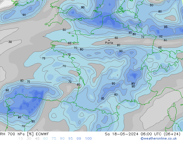 RH 700 hPa ECMWF Sa 18.05.2024 06 UTC