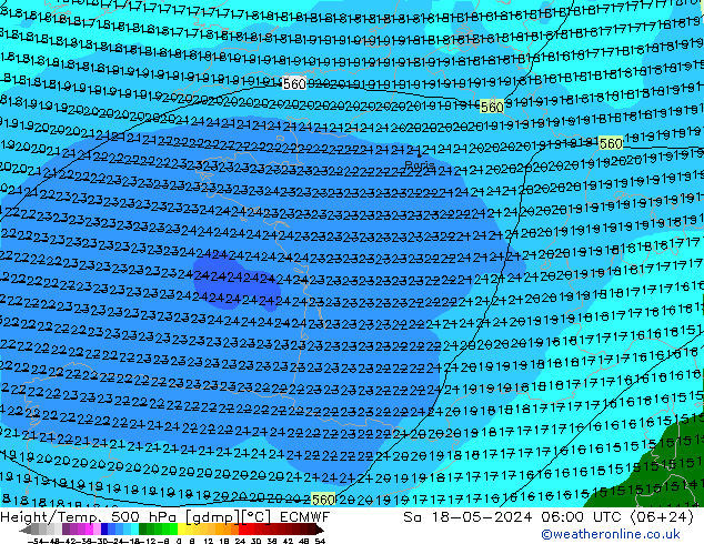 Height/Temp. 500 гПа ECMWF сб 18.05.2024 06 UTC