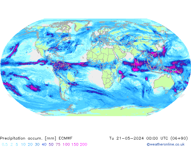 Precipitation accum. ECMWF Út 21.05.2024 00 UTC