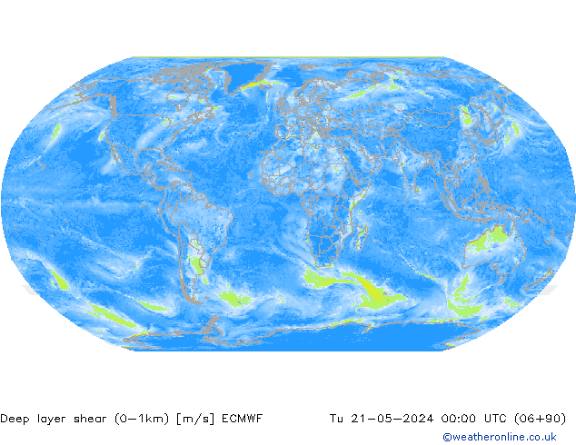 Deep layer shear (0-1km) ECMWF вт 21.05.2024 00 UTC