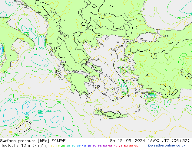 Isotachen (km/h) ECMWF za 18.05.2024 15 UTC