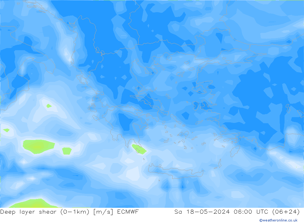 Deep layer shear (0-1km) ECMWF Sa 18.05.2024 06 UTC
