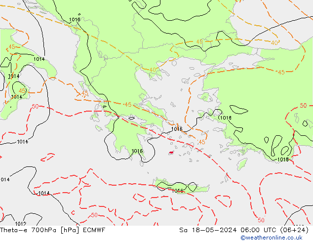 Theta-e 700hPa ECMWF za 18.05.2024 06 UTC