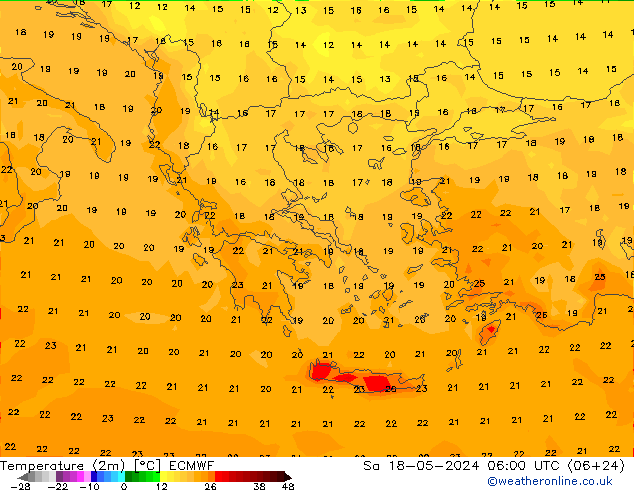 mapa temperatury (2m) ECMWF so. 18.05.2024 06 UTC