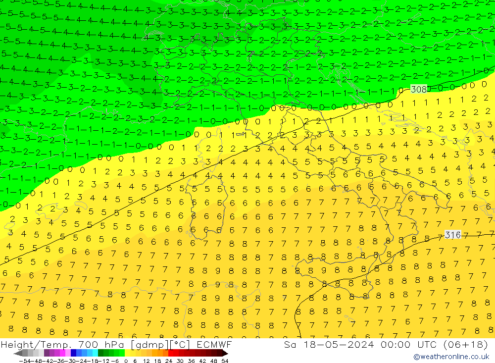 Hoogte/Temp. 700 hPa ECMWF za 18.05.2024 00 UTC