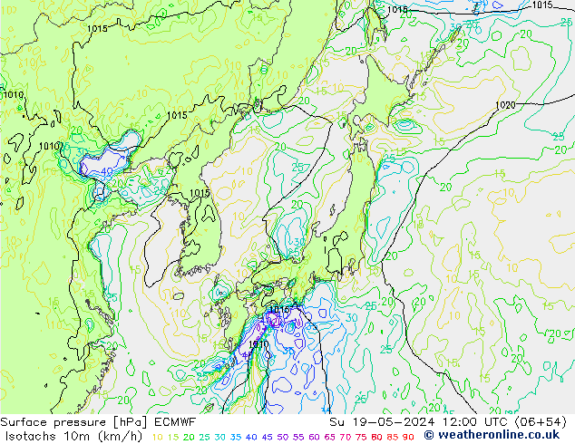 Isotachs (kph) ECMWF dim 19.05.2024 12 UTC