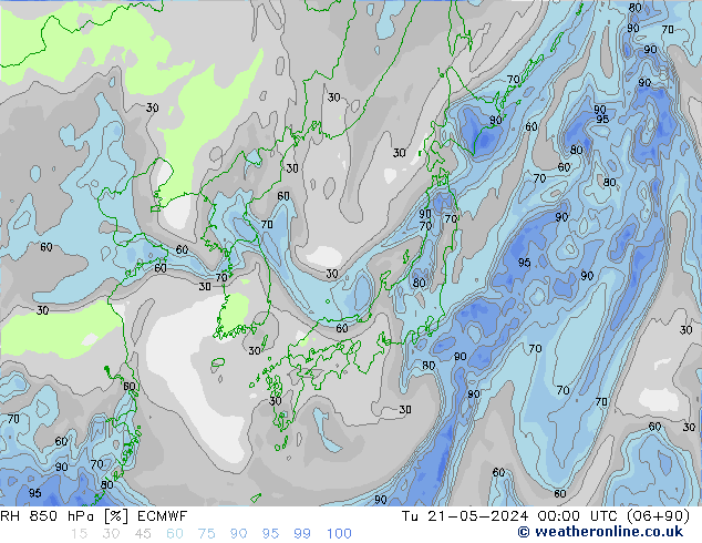 Humidité rel. 850 hPa ECMWF mar 21.05.2024 00 UTC