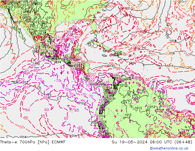 Theta-e 700hPa ECMWF Su 19.05.2024 06 UTC